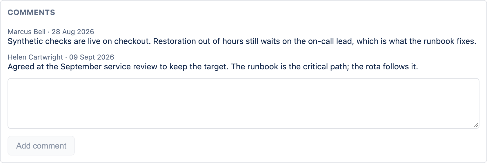 The comments panel on an improvement record, with an empty text area and an Add comment button.