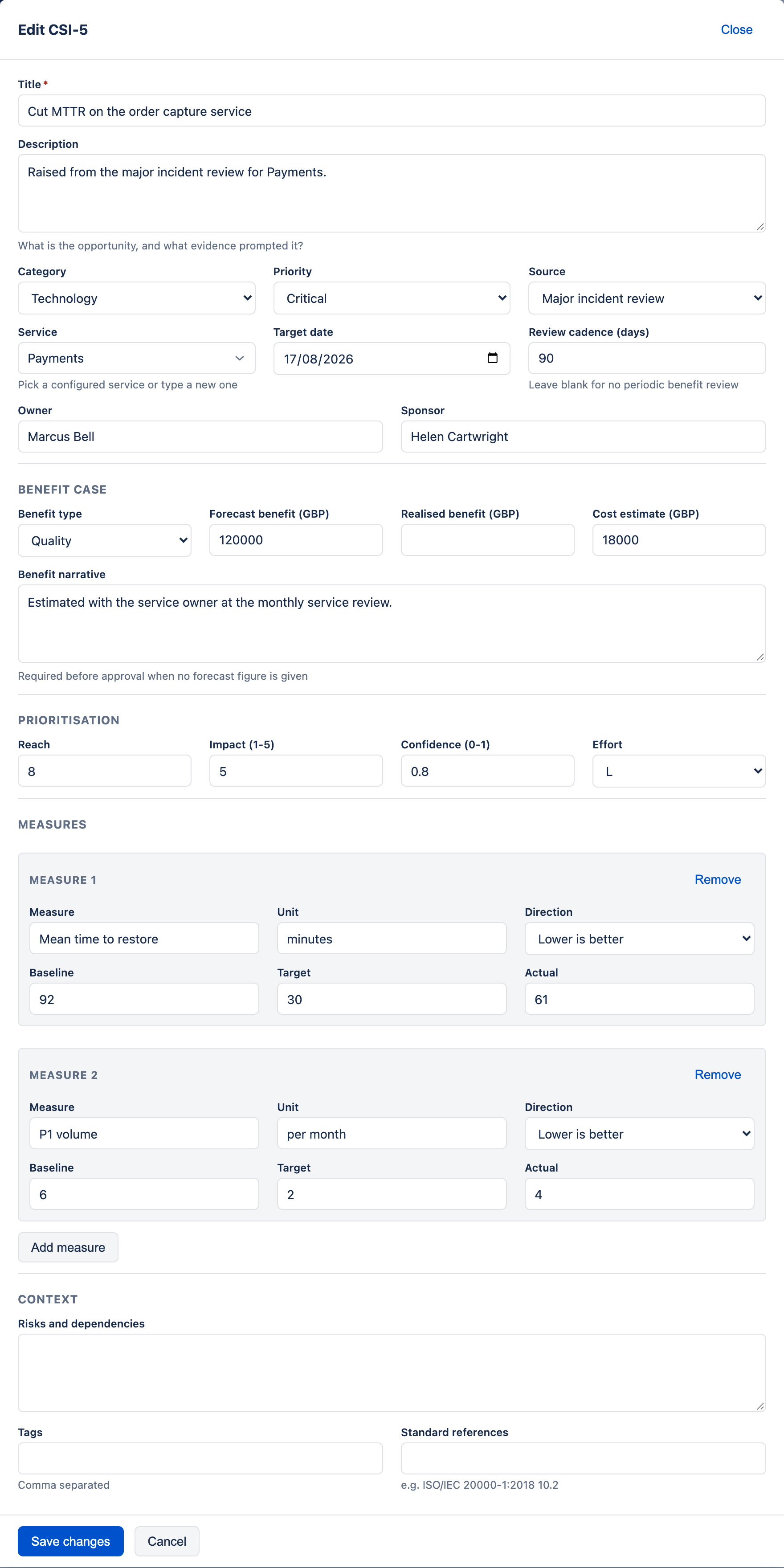 The edit form for an improvement, pre-filled with its existing title, description, category, priority, source, service, owner, target date and benefit case.