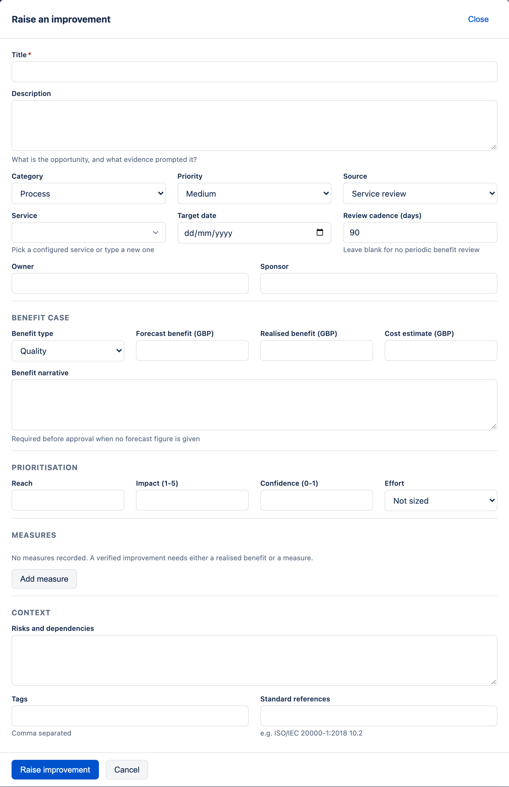 The Raise an improvement form with its Title field empty and marked with a red asterisk as required, and every other field at its default.