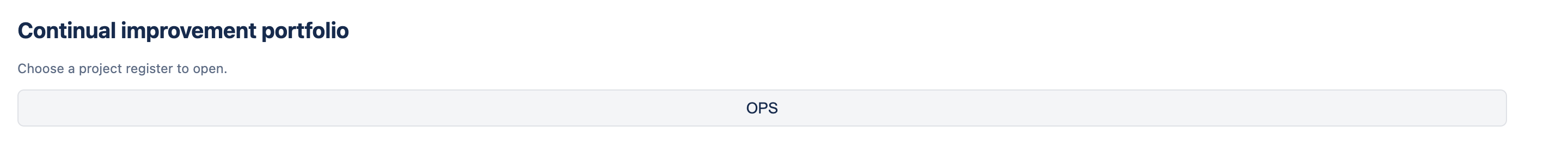 The ImproveDesk portfolio page with the heading 'Continual improvement portfolio' and a button for the OPS project register.