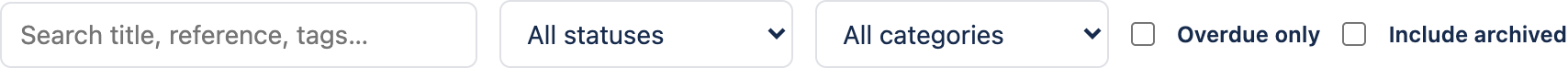 The register toolbar: a search box, All statuses and All categories dropdowns, Overdue only and Include archived checkboxes, an Export CSV button and a Raise improvement button.